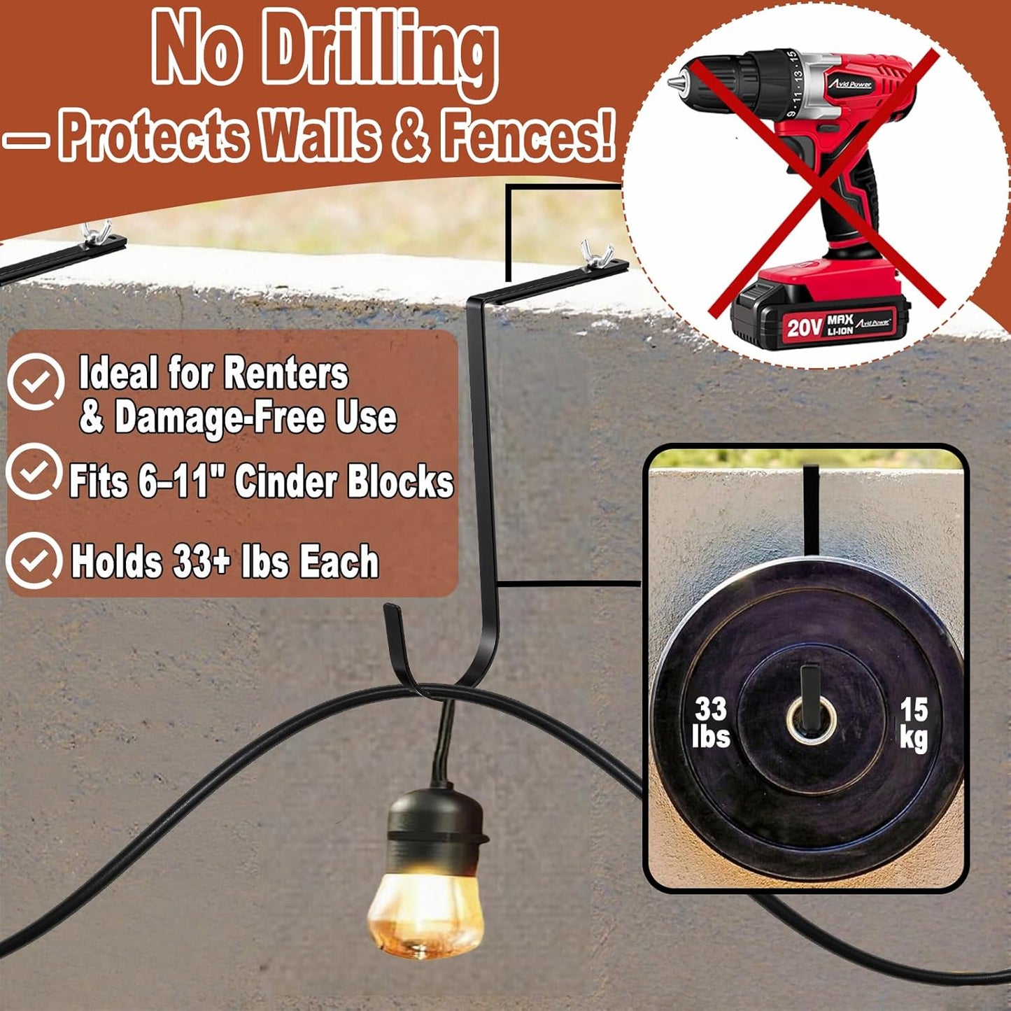 4 Pcs Outdoor No Drill String Light Hooks for 6-11 inch Concrete, Cinder Block & Brick Walls, Metal Adjustable Wall & Brick Hangers for Hanging Outdoor Rope Lights Cable Cord Holders Organizer