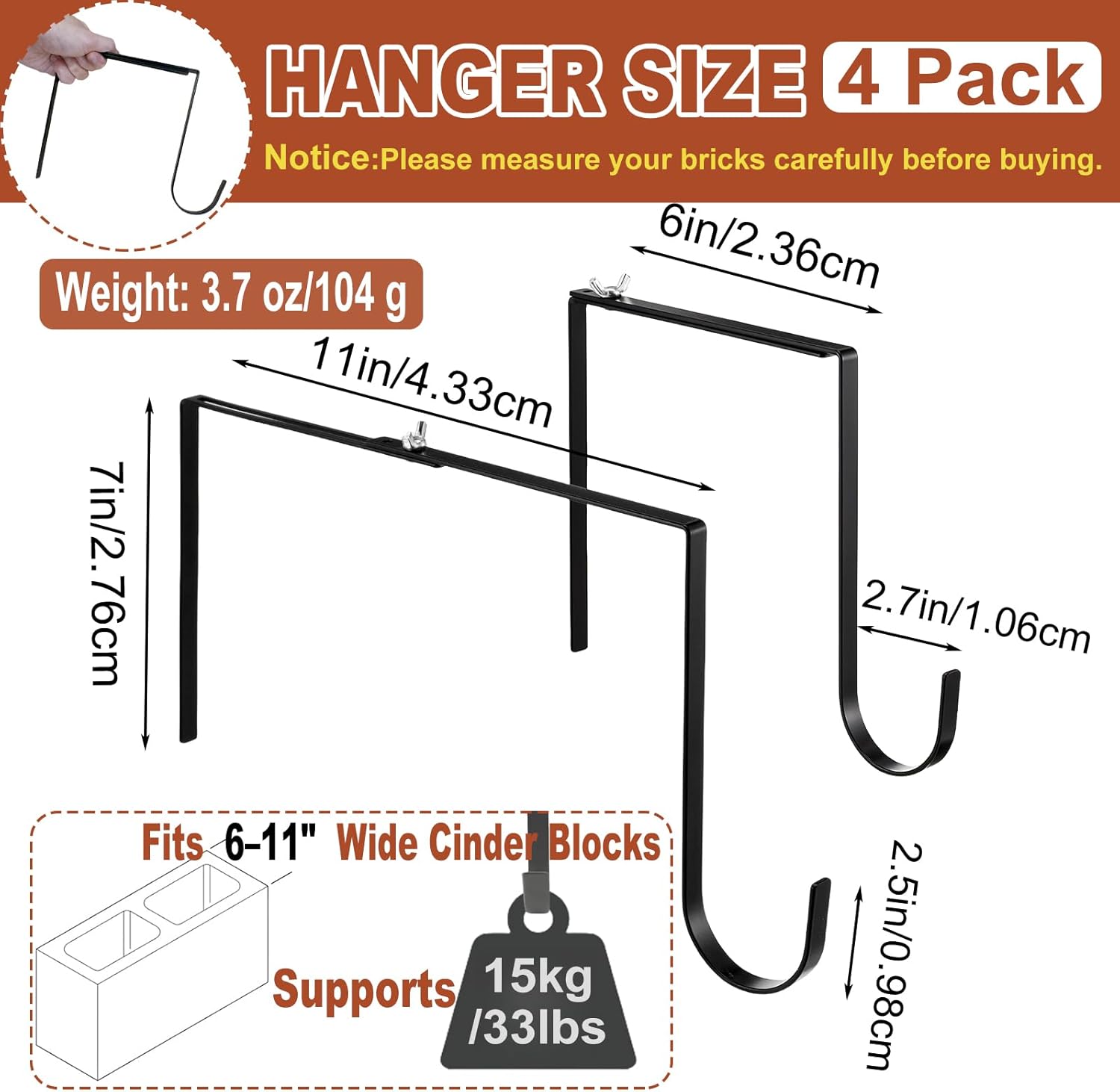 4 Pcs Outdoor No Drill String Light Hooks for 6-11 inch Concrete, Cinder Block & Brick Walls, Metal Adjustable Wall & Brick Hangers for Hanging Outdoor Rope Lights Cable Cord Holders Organizer