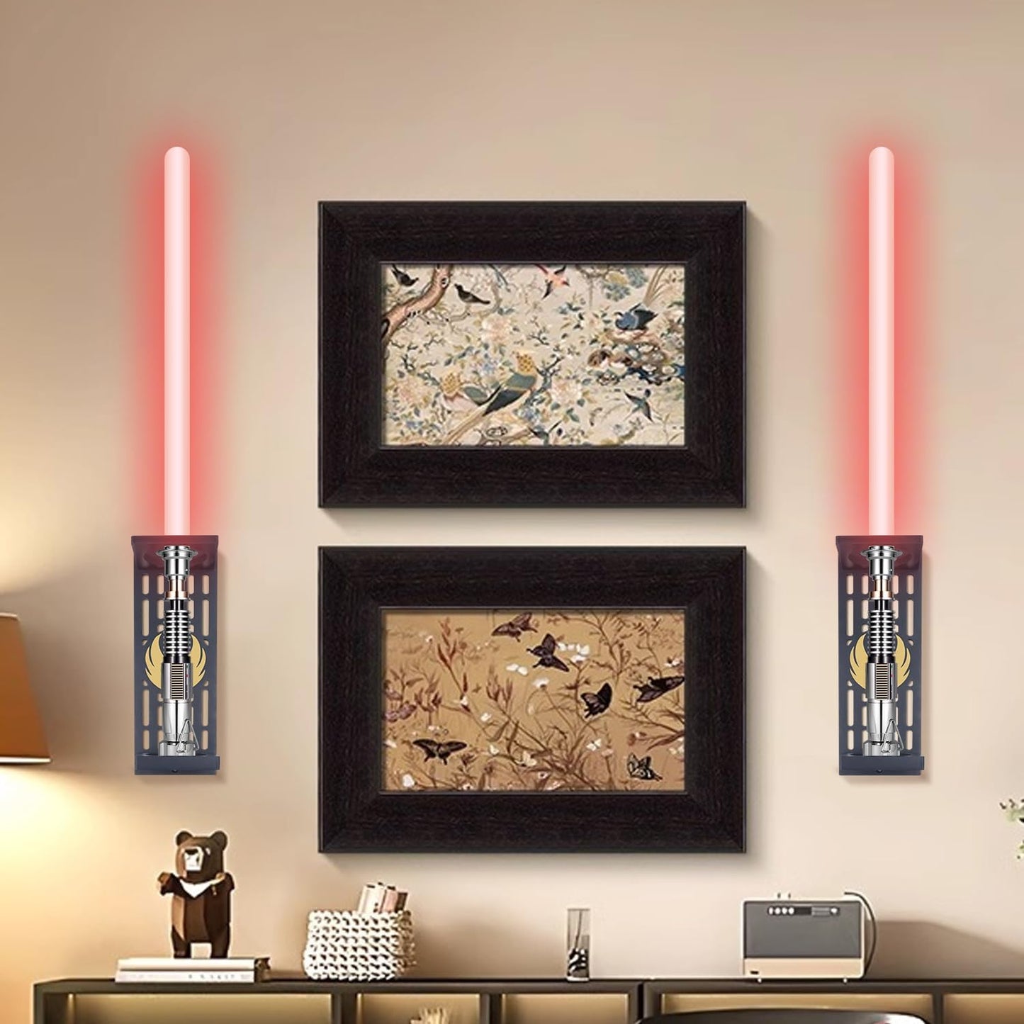 Lightsaber Stand with Pattern，Wooden Lightsaber Wall Mount Display Stand，Vertical Wall-Mounted Lightsaber Display Rack – Fits Most Lightsabers，Gift for Lightsaber Collectors (01)
