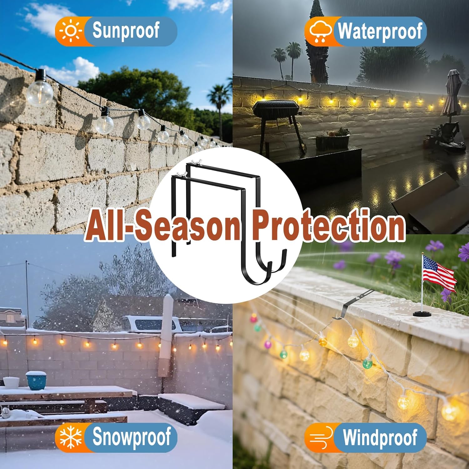 4 Pcs Outdoor No Drill String Light Hooks for 6-11 inch Concrete, Cinder Block & Brick Walls, Metal Adjustable Wall & Brick Hangers for Hanging Outdoor Rope Lights Cable Cord Holders Organizer